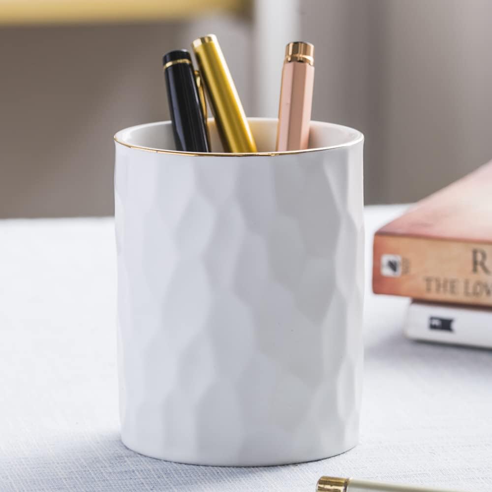 Faceted White Ceramic Pen Cup - view 2