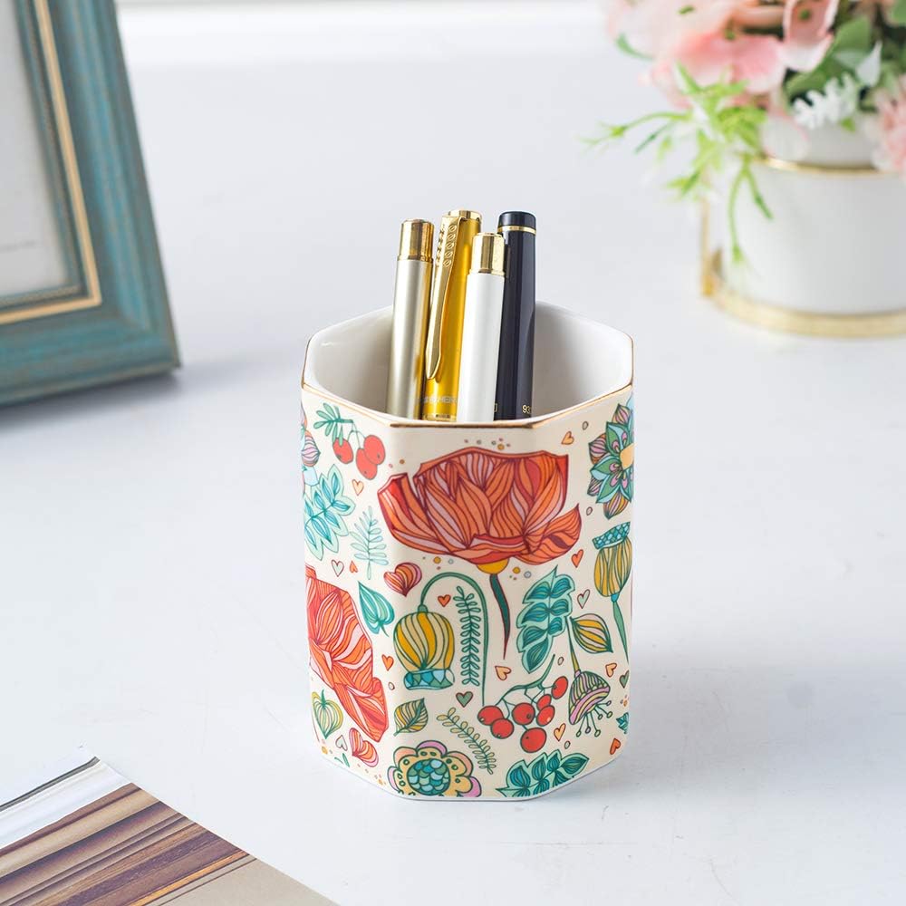 Illustrated Floral Ceramic Pen Cup - view 2